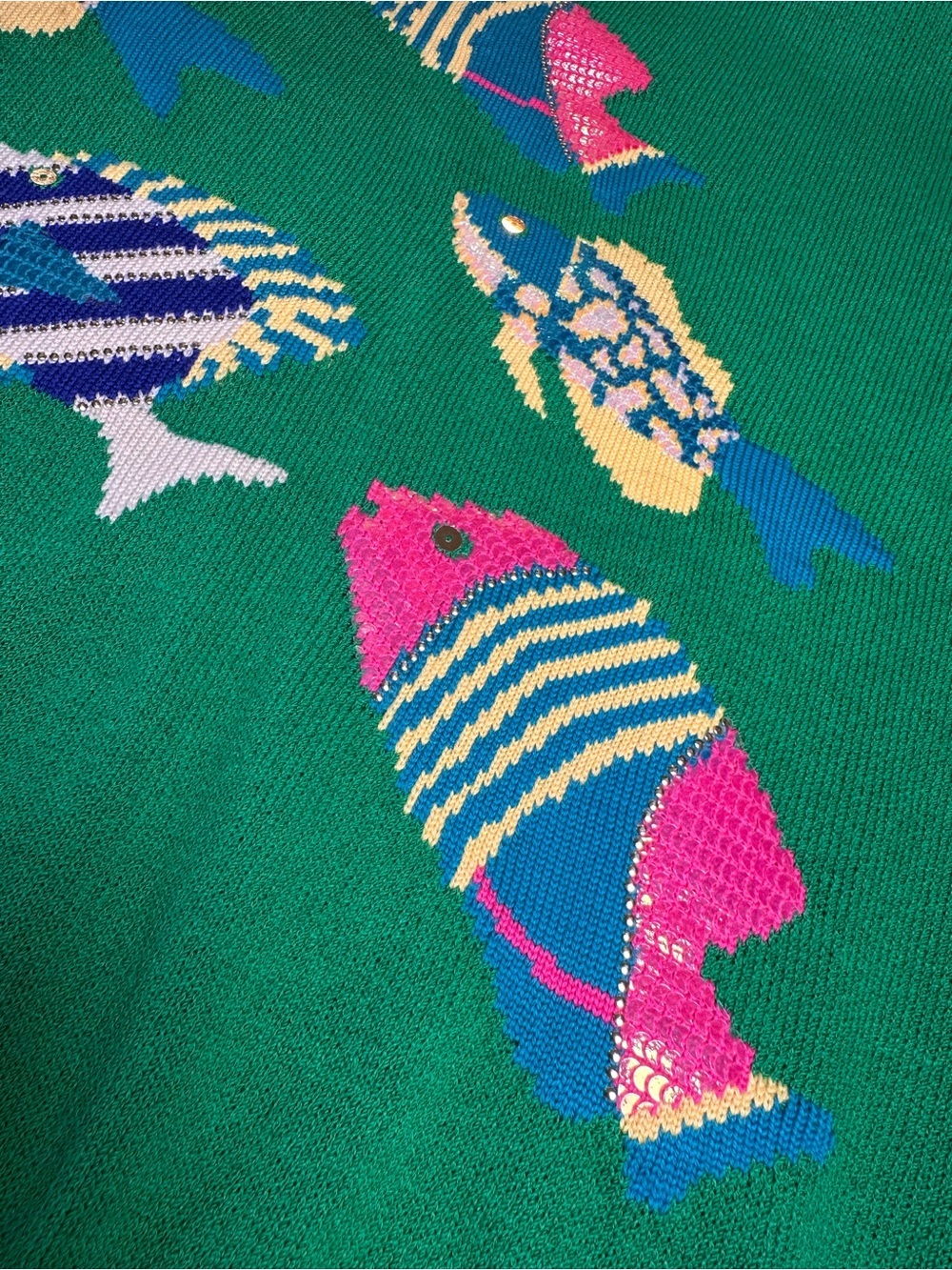 Vintage 80’s St John Fish Sweater Womens Size 3 Green Tropical Knit USA - Picture 8 of 11